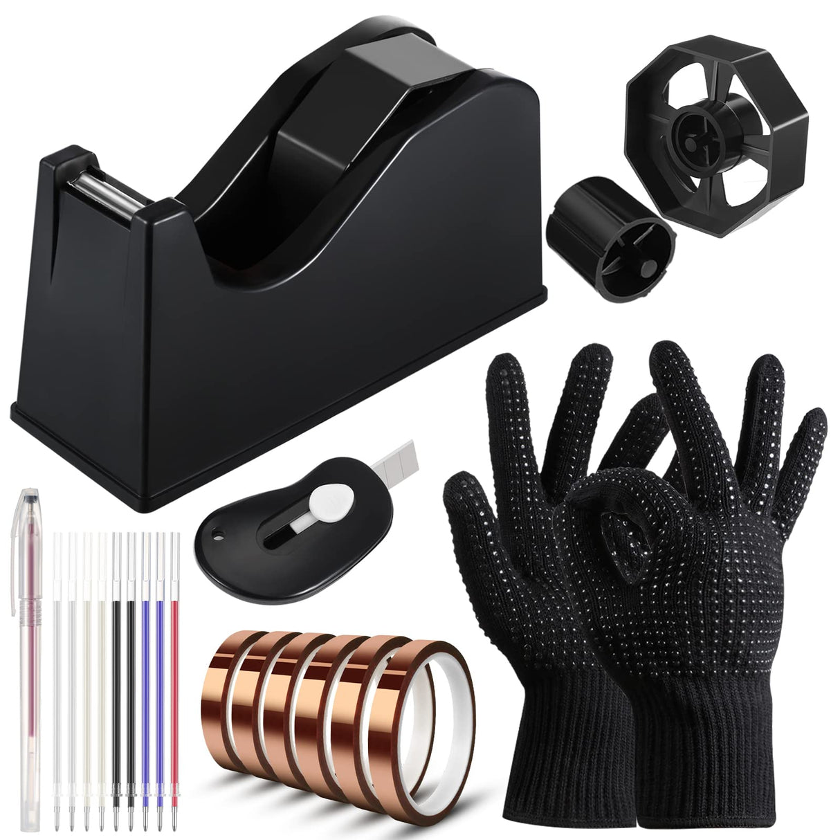 20 Pack Sublimation Heat Tape Dispenser Set Heat Resistant Gloves with Silicone Bumps Heat Tape for Sublimation Mini Cutter Pen Set Weighted Desktop Tape Dispenser Heat Transfer (Black) Sabary