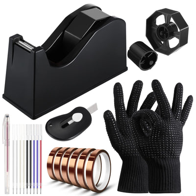 20 Pack Sublimation Heat Tape Dispenser Set Heat Resistant Gloves with Silicone Bumps Heat Tape for Sublimation Mini Cutter Pen Set Weighted Desktop Tape Dispenser Heat Transfer (Black)