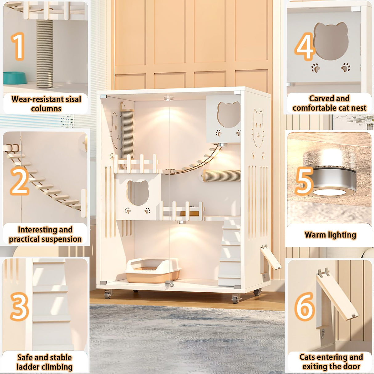 Large Luxury Wood Cat House, Indoor/Outdoor Cat Cage Large Space with Wheels, Multi-Feature Enclosed Cat Condo for Indoor Cats Ventilation Glass Doors, 50" X 36" X 24", White HUATOL