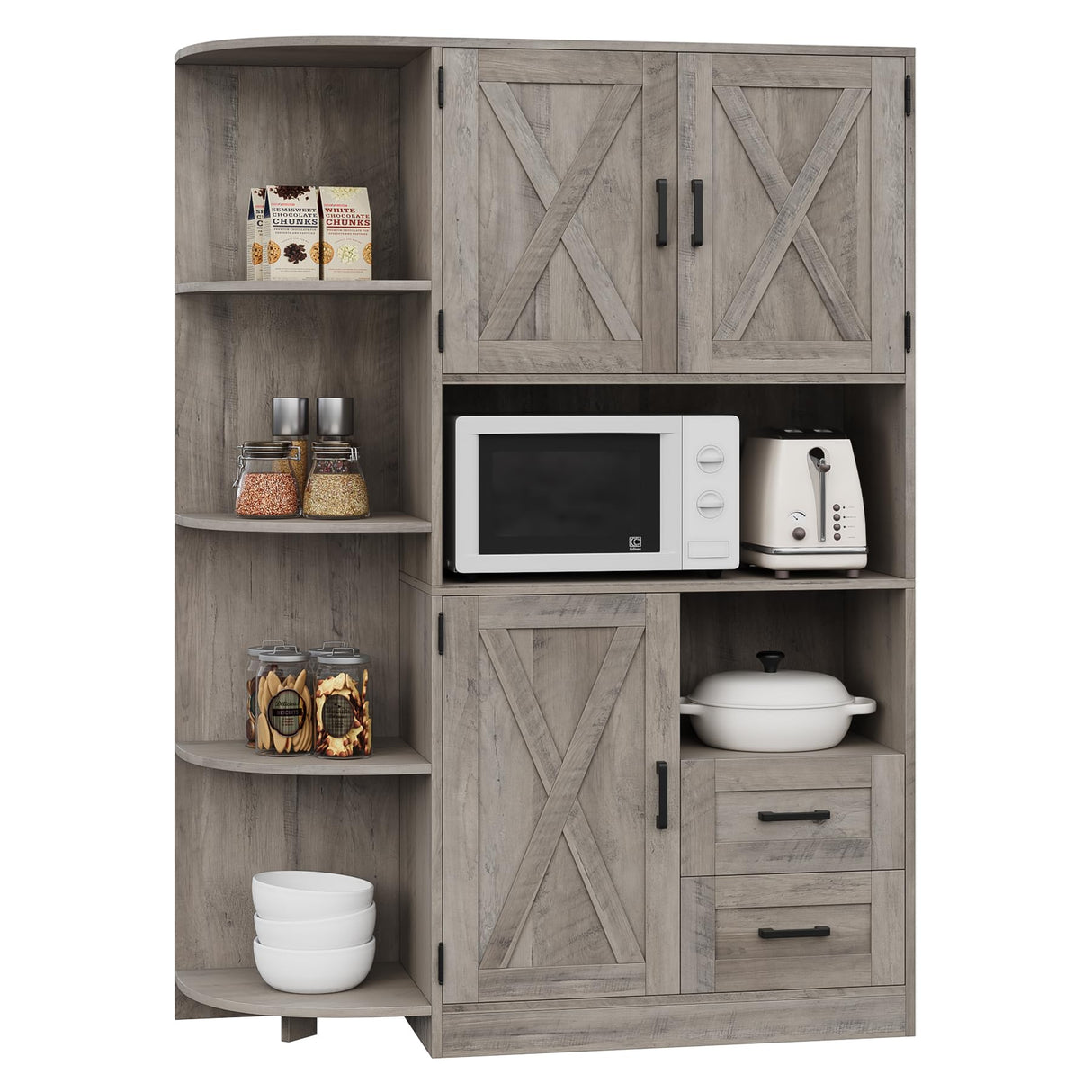 HOSTACK 60.4" Farmhouse Kitchen Pantry Storage Cabinet, Freestanding Hutch with Doors & Shelves, Buffet Sideboard with Microwave Stand, Coffee Bar with Drawers, Cupboard for Dining Room, Ash Grey HOSTACK