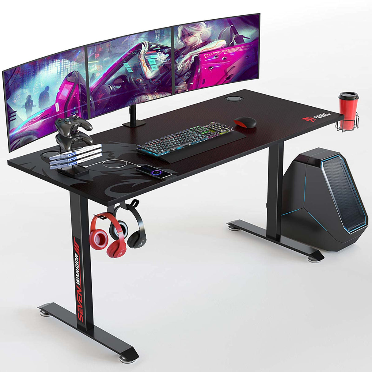 SEVEN WARRIOR Gaming Desk 55’’, T-Shaped Carbon Fiber Surface Computer Desk with Full Mouse Pad, Gamer Desk with Headphone Hook, USB Rack, Cup Holder SEVEN WARRIOR
