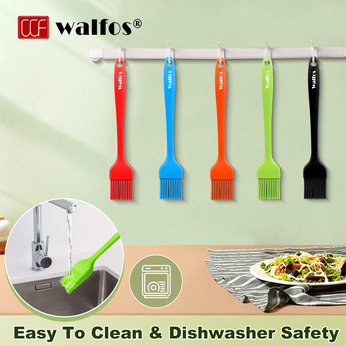 Walfos Silicone Pastry Brush, Heat Resistant Basting Brush Set, Perfect for Baking,BBQ Grill,Kitchen Cooking,Strong Steel Core and One-Pieces Design,BPA Free and Dishwasher Safe (5 Pcs) Walfos