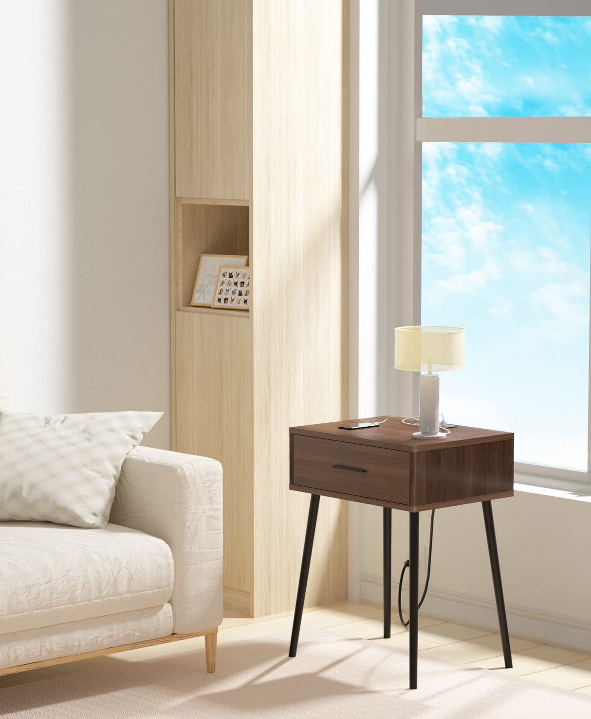 HAIOOU Set of 2 Mid Century Nightstand with Charging Station, End Table Modern Side Table One Drawer with Premium Matte Black Handle and Pine Wood Legs for Home Bedroom Living Room HAIOOU