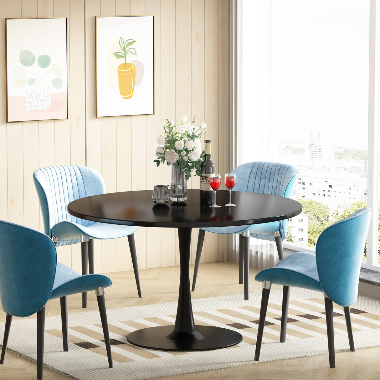 DKLGG Black 42.1" Round Tulip Dining Table for 4-6 People – Modern Mid-Century Kitchen & Coffee Table DKLGG