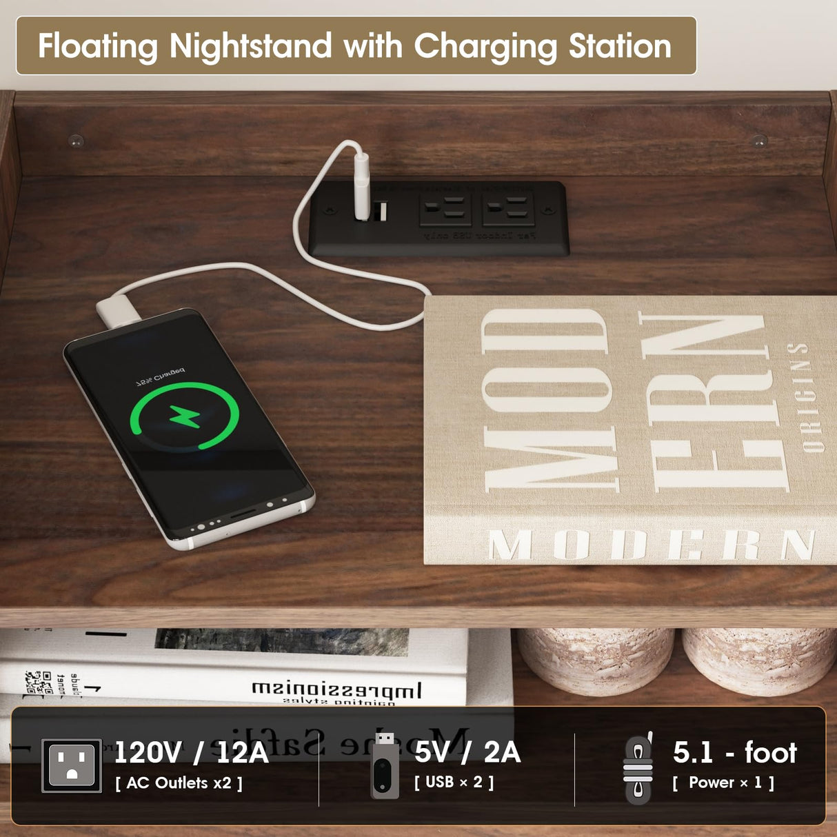 Brown Floating Nightstand Set of 2 with Charging Station and Drawer Small Bedside End Table with Outlet Modern Floating Night Stand for Bedroom Wood Wall Mounted Nightstands Set 2 Brown Walnut HOSEOKA