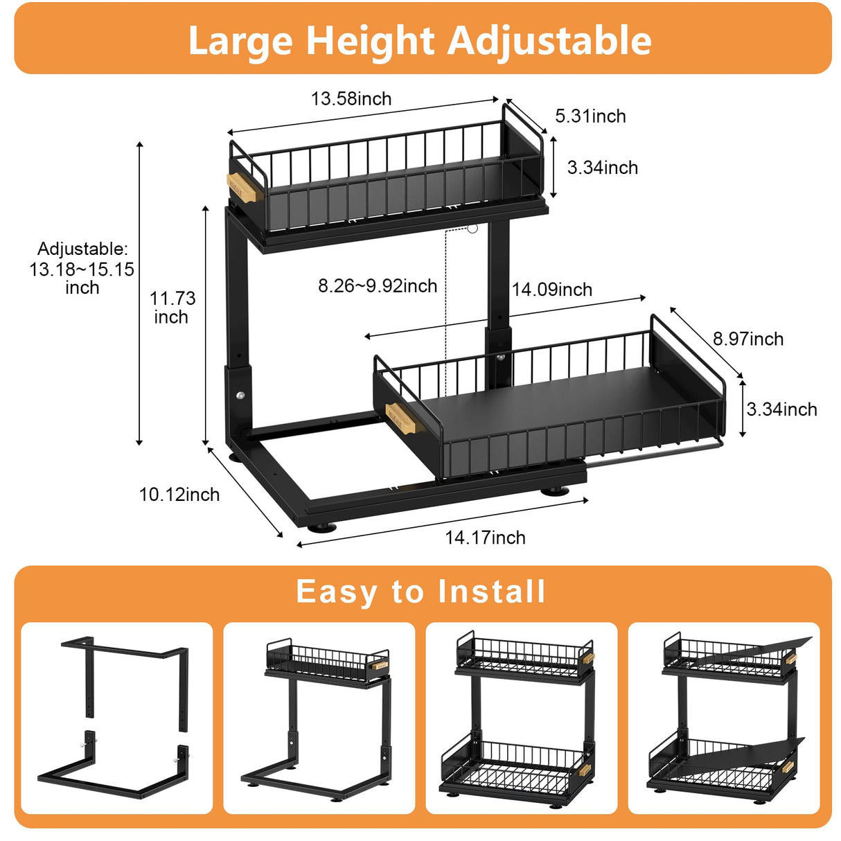 HOMEAILIE Under Sink Organizer, High Adjustable 2 Tier Under Kitchen Sink Organizer, Multi-Purpose Storage Shelf for Kitchen Bathroom Cabinet, Black HOMEAILIE