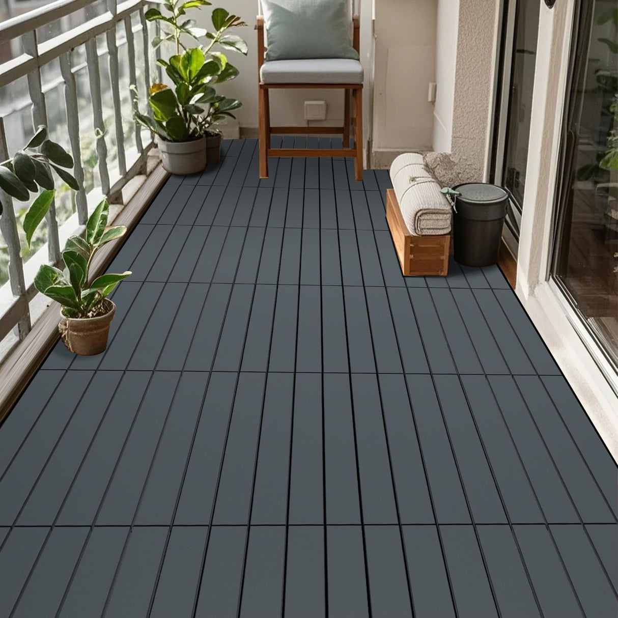 Plastic Interlocking Deck Tiles Waterproof 12x24'' Exstra Long Patio Flooring 24 PCS Outdoor Deck Tiles for All Weather Use - Balcony, Backyard, Indoor & Outdoor (Grey) ZUGELAN
