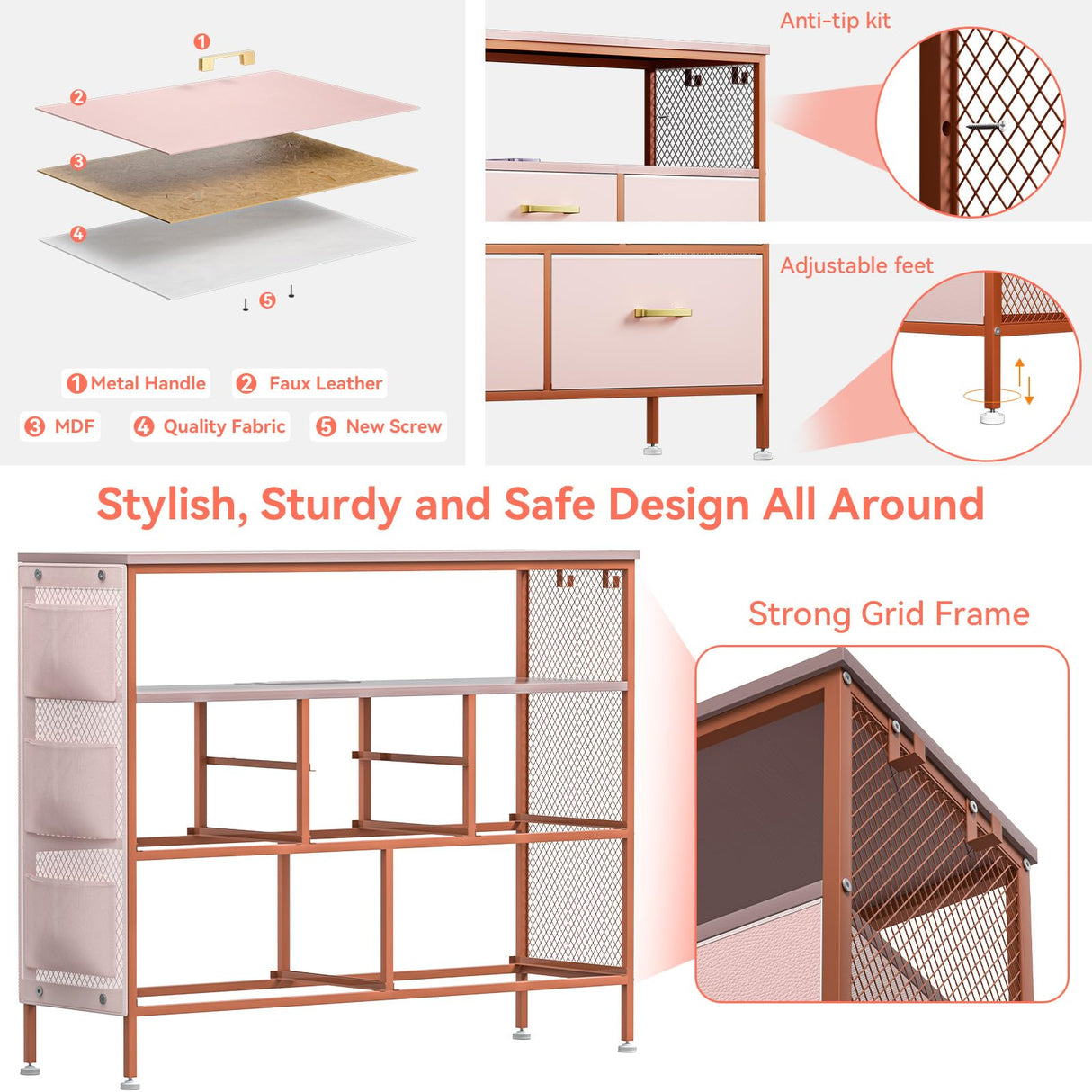 YILQQPER Dresser for Bedroom TV Stand with Power Outlets and LED Light, 6 Drawers Dresser with Side Pockets & Hooks, Wide Dresser with Shelves for 45" TV, Fabric Chest of Drawers with PU Finish, Pink YILQQPER