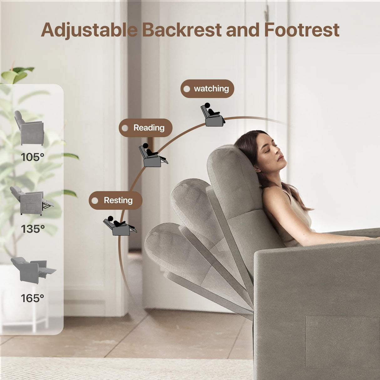 Claiks Power Recliner Chair for Adults, Adjustable Reclining Chair, Comfortable Recliner Couch with Side Pockets&Wire Remote Control, for Living Room, Home Theater, Bedroom, Linen Fabric, Light Grey Claiks