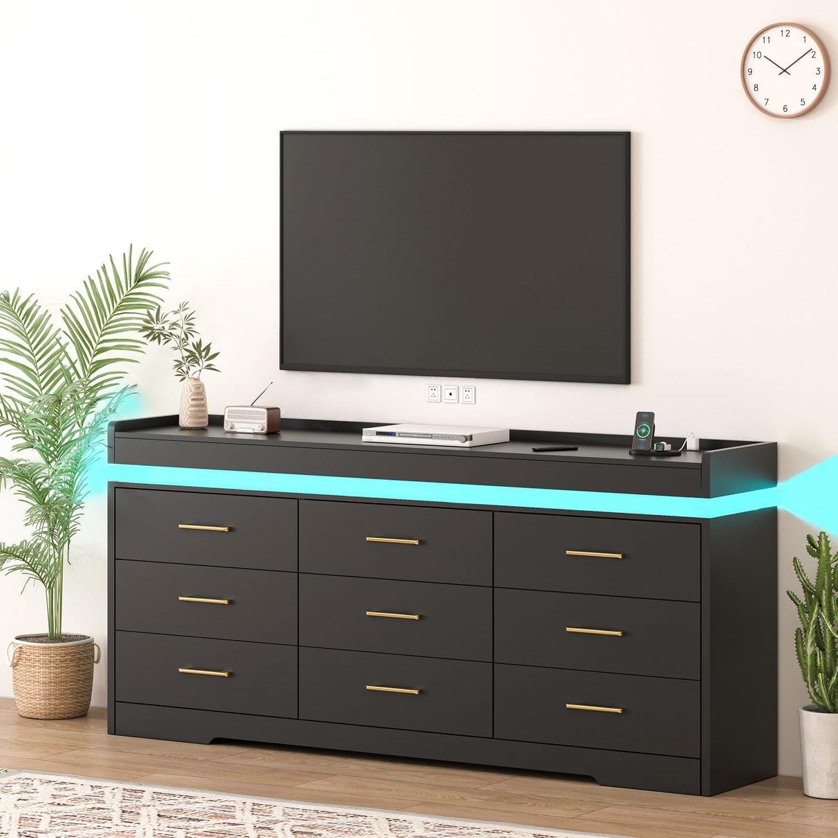 9 Drawer Dresser with Charging Station, Wide Chest of Drawers for Closet with LED Light, Modern Drawer Organizer Cabinet for Bedroom, Living Room, Entryway, Hallway, Black DalyLuxa