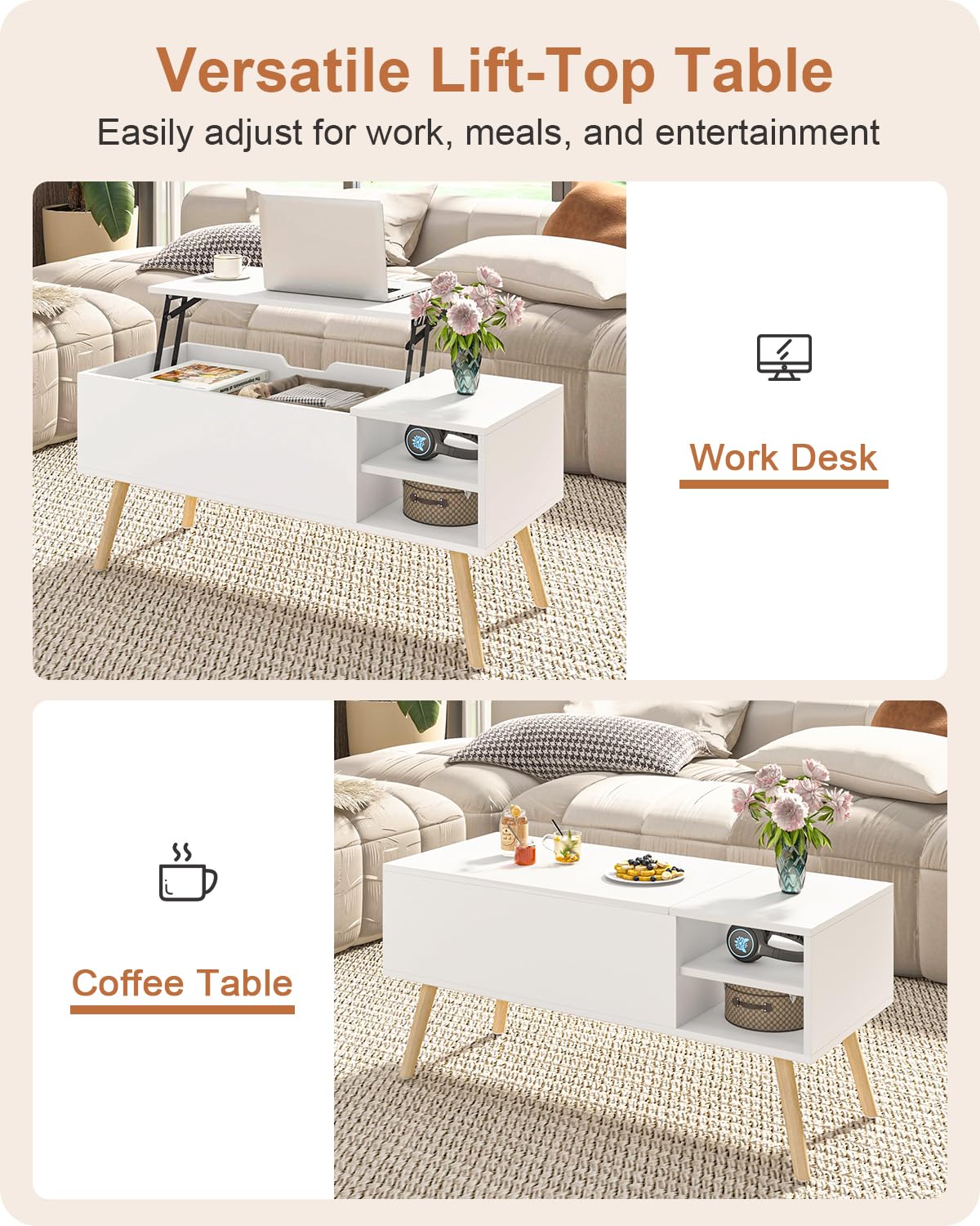 ALINE FURNITURE White Coffee Table Lift Top - Lift Top Coffee Table with Hidden Compartment Storage - Wood Coffee Table with Lifting Top - Pull Up Coffee Tables for Living Room ALINE FURNITURE
