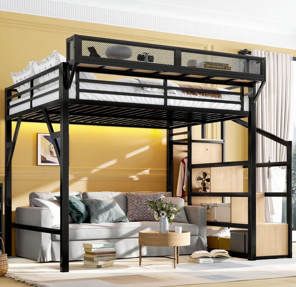 Bellemave Twin XL loft Bed with Storage Stairs, Wardrobe, Shelves, Metal Twin XL Size Loft Bed Frame for Adults, Kids, Teens, Black+Natural Wood Bellemave