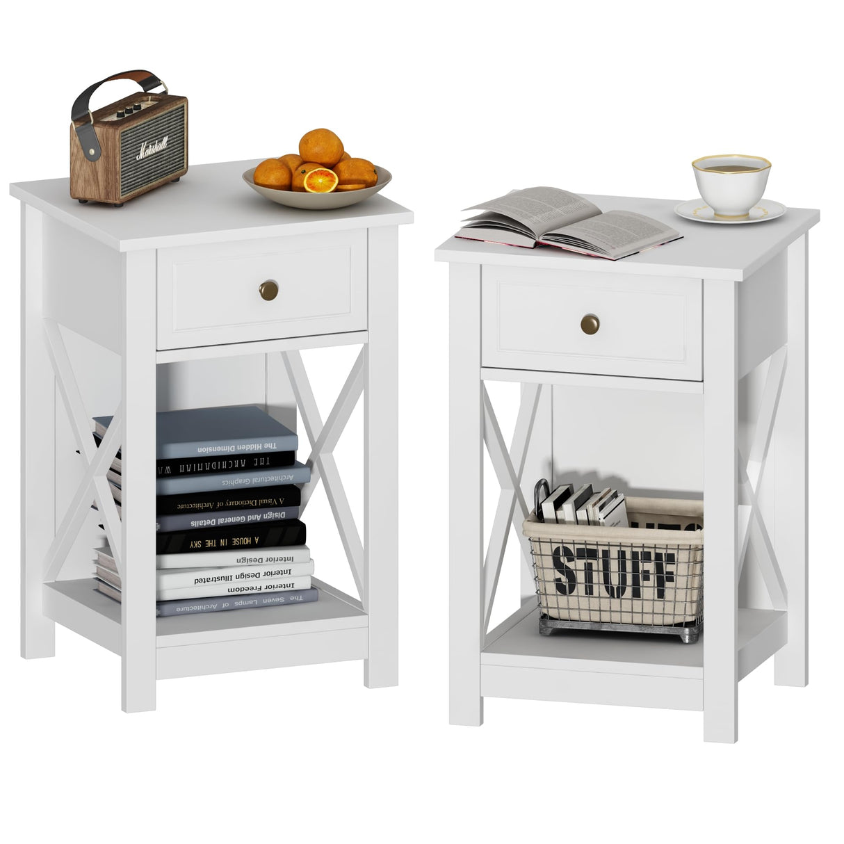 Treocho White Nightstand Set of 2, Modern X-Design Night Stand,Bedside End Table with Open Storage for Small Place,Bedroom Treocho