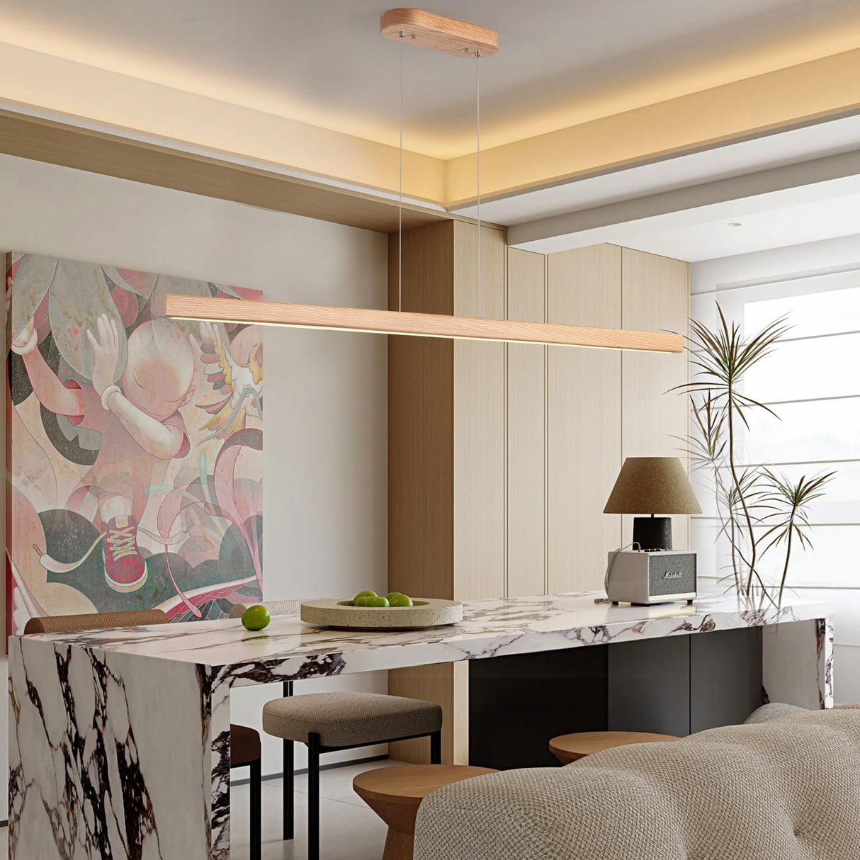 YISDESIGN 71" 60W Wood Linear Pendant Light Fixture Led Dining Room Light Dimmable Hanging Light Fixture for Kitchen Island Dining Room Pool Table Lights Natural YISDESIGN