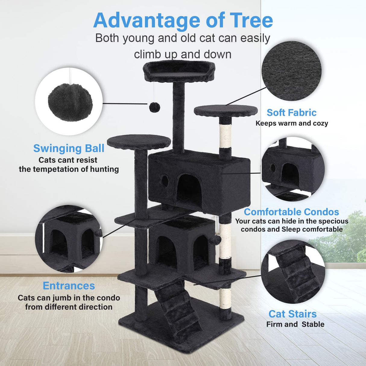 FDW Cat Tree 54in Cat Tower Multi-Level Durable Cat Scratching Post & Cozy Fun Cat Jumping Platform Space Saving Cat Condo Pet Play House for Indoor Cats,Dark Gray FDW