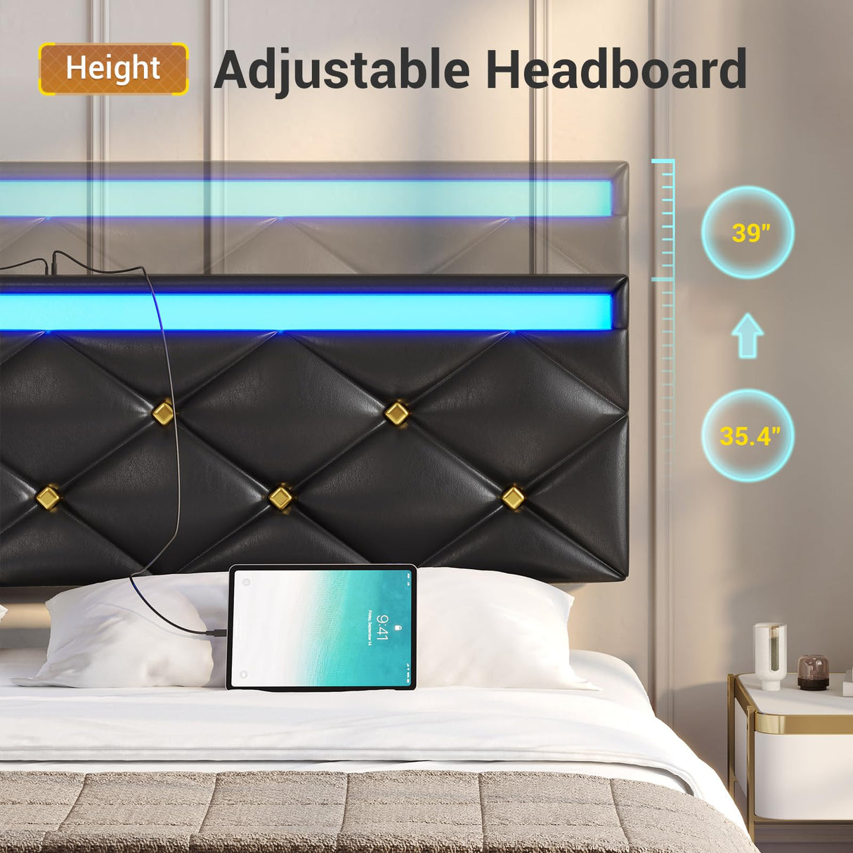 Hasuit Modern Queen Floating Bed Frame with LED Lights & Built-in Charging Station Hasuit