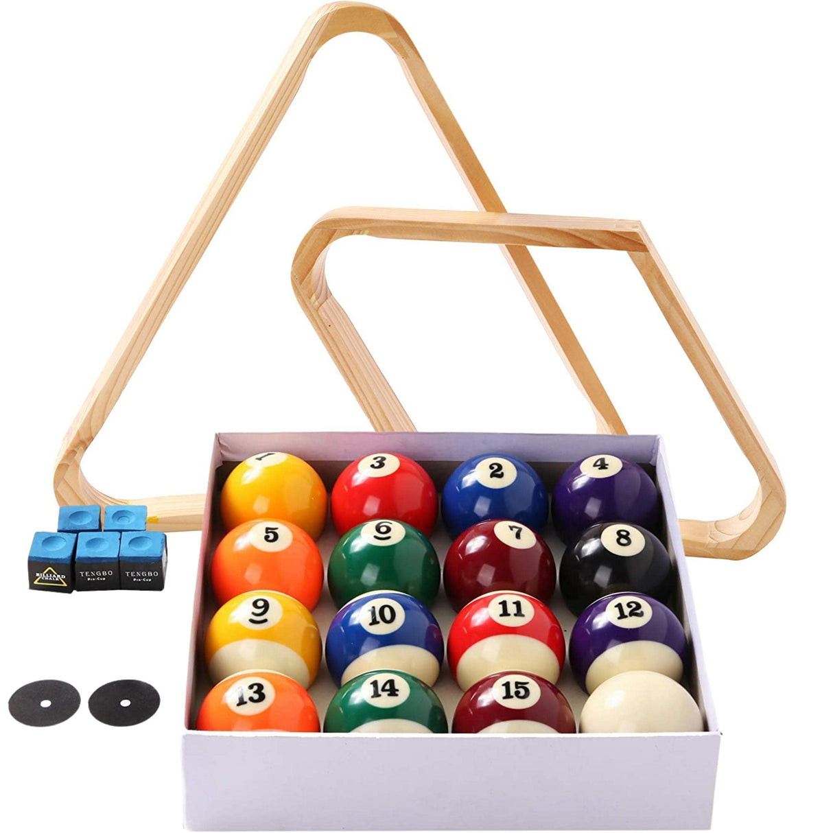 Billiard Balls Set, Pool Table Triangle Ball Rack and 9-Ball Diamond Rack (Wood), 5 Cue Chalks and 2 Table Spot Stickers - Pool Table Accessories BETTERLINE