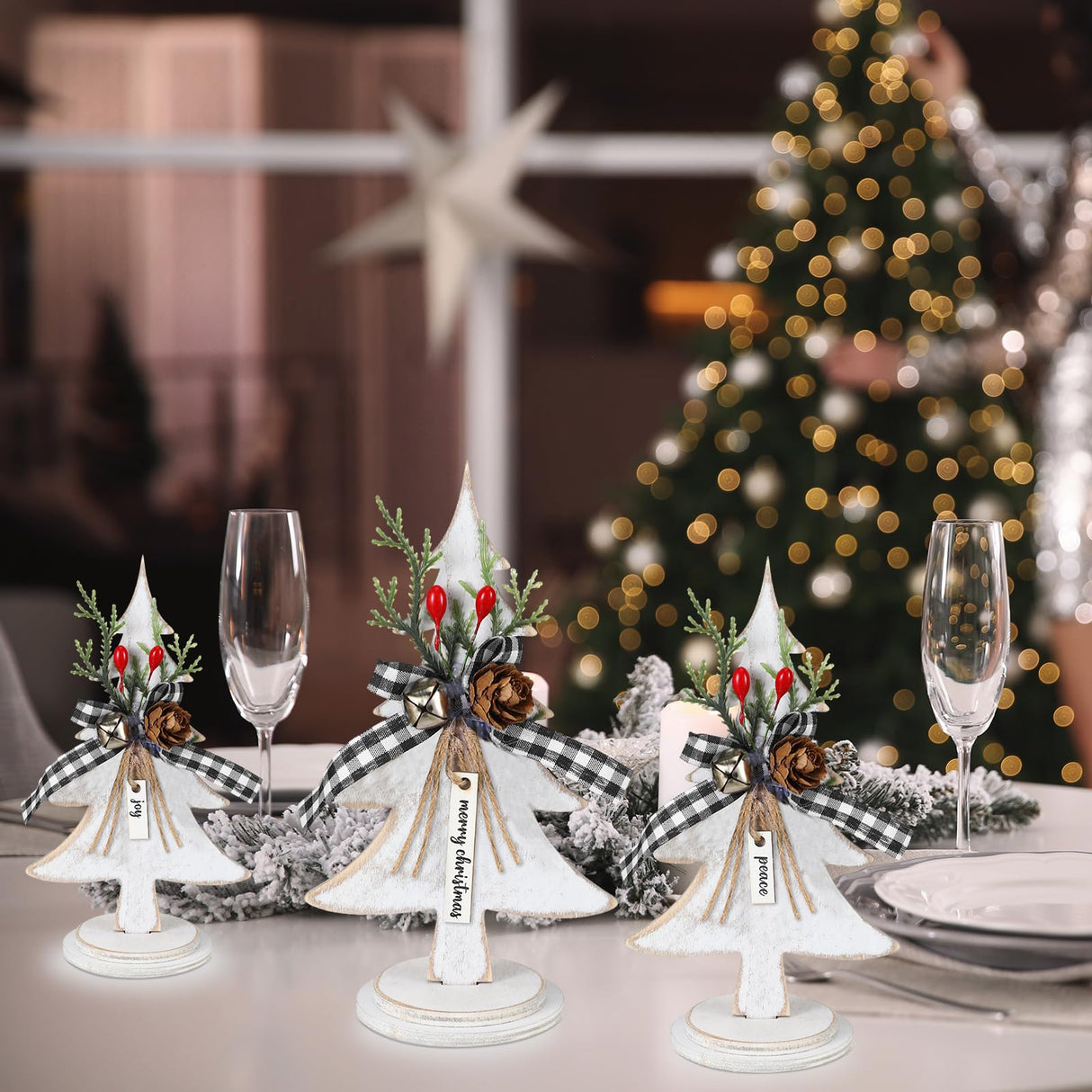 Soaoo 3 Pcs Wooden Christmas Trees Tabletop Decoration Rustic Wood Christmas Trees Xmas Centerpieces Freestanding Table Farmhouse Xmas Centerpiece for Table Home Decor (Red Berry,Large) Soaoo