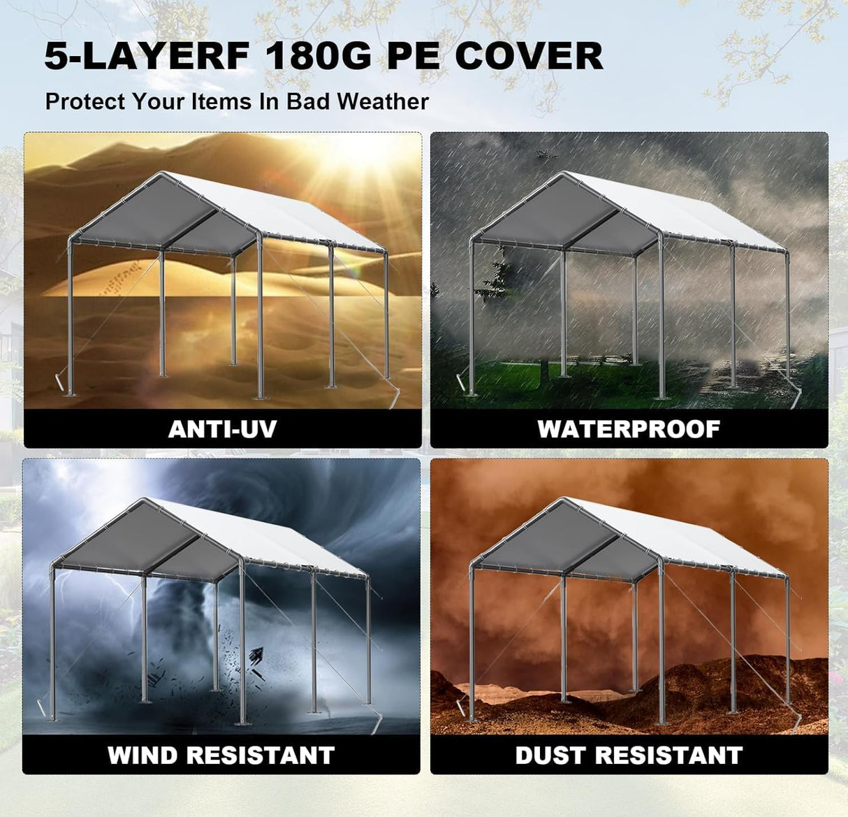 Carport, 10x20ft Heavy Duty Portable Garage, Car Port with Storage Shed, Car Canopy Car Tent with Steel Frame All-Season Tarp for Car, Truck, Boat, Party (B-White) TANGJEAMER