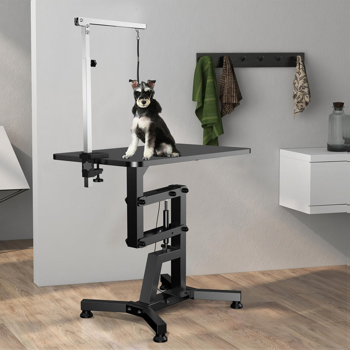 36'' Hydraulic Lift Dog Grooming Table, Adjustable Cat Drying Desktop - Foldable, Adjustable Arm, Portable, Non-Slip Dog Grooming Table for Large Small Dogs at Home, Weight Capacity 200LBS(Black) HEBESPACE