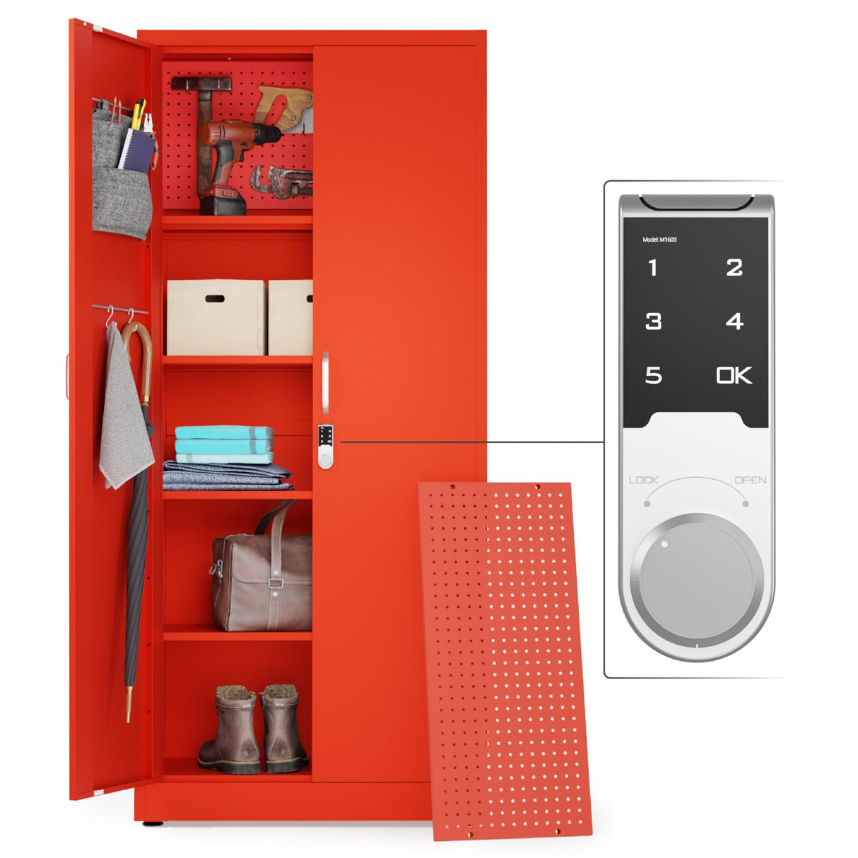 METALTIGER Metal Storage Cabinet with Digital Lock | Garage Storage Cabinet | Pegboard | 71" Lockable Tool Cabinet | Locking Cabinets (Red) METALTIGER