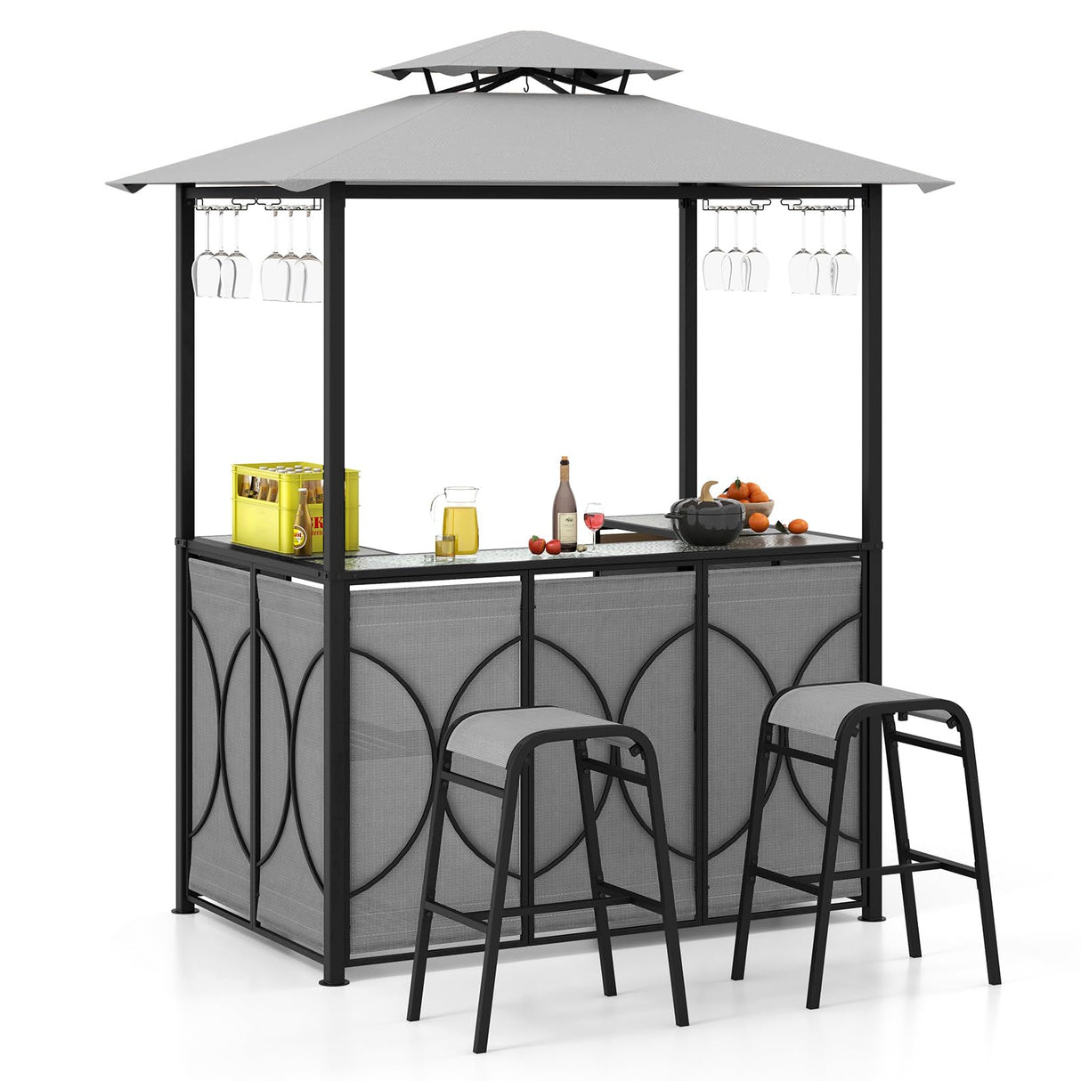Tangkula 3-Piece Patio Bar Set, Grill Gazebo & 2 Bar Stools with Tempered Glass Bar Table, Metal Storage Shelves, Glass Holders, Double-Tier Soft Top Canopy BBQ Gazebo Shelter for Patio Garden (Grey) Tangkula