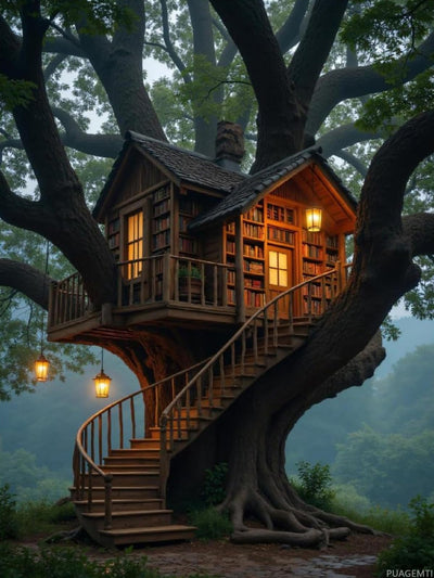 Enchanted Treehouse Library Adventure Diamond Art Kits for Adults, 5D DIY Full Drill Diamond Painting Kits for Adults Beginners, 12x16 inch Diamond Painting Kit for Wall Home Decor (No Frame)