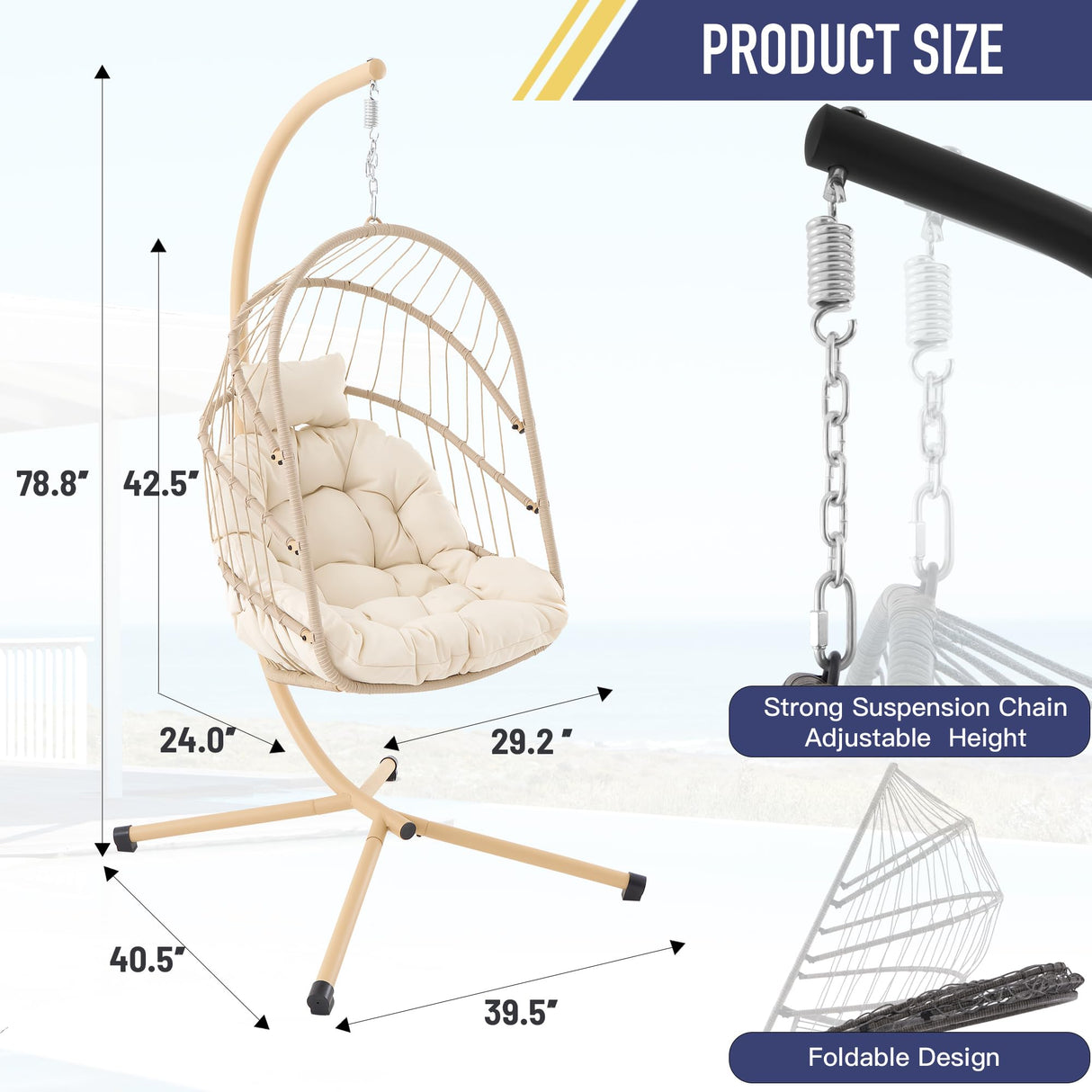 Swing Egg Chair with Stand Foldable Hanging Egg Chair Indoor Outdoor Wicker Rattan Basket with UV Resistant Cushions for Bedroom Balcony Backyard 350lbs Capacity (Beige) WoodArtSupply