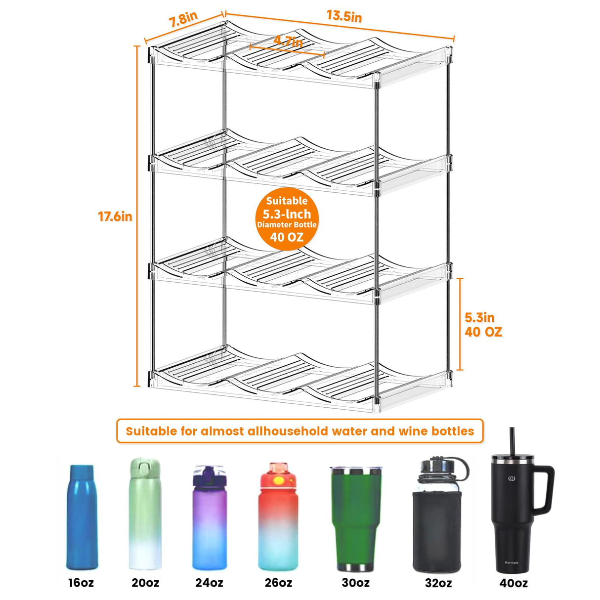 Yieach 4 PCS Stackable Water Bottle Organizer for Cabinet,4.7" W X5.3"H Great for Stanley Yeti Bottle and Other Tumbler Organizer for Kitchen Cabinets,Clear Stackable Water Bottle Holder and Wine Rack Yieach