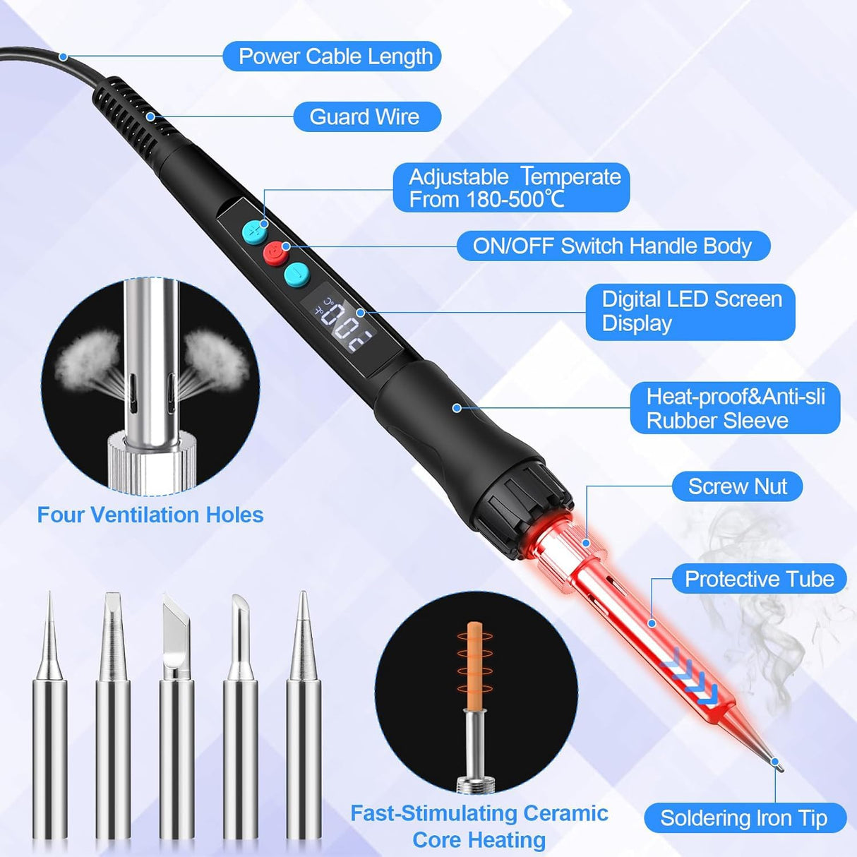 Soldering Iron Kit, 100W LED Digital Solder Gun kits with Ceramic Heater, Adjustable Temperature Welding Tools with Tips, Wick Braid, Stand, Solders Wire, Sponge, Flux Paste, Black Q-MING