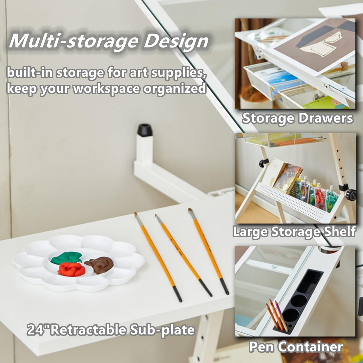 Roockky Drafting Table, 0-75° Tilting Glass Tabletop Drawing Table with Stool - Adjustable Height Art Desk with Multi-Storage for Sketching and Painting - Perfect for Artists and Hobbyists, White Roockky