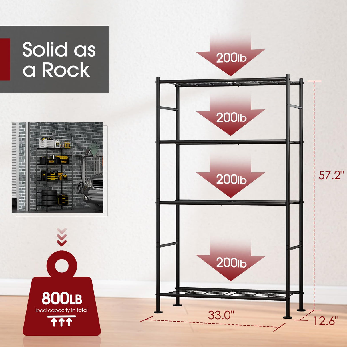 Sakugi Storage Shelves - 4 Tier Shelf Organizer, Heavy Duty Garage Shelving Unit with Leveling Feet, Stable Metal Shelves Organizer for Pantry, Kitchen and Closet, 33.0" W x 12.6" D x 57.2" H, Black Sakugi
