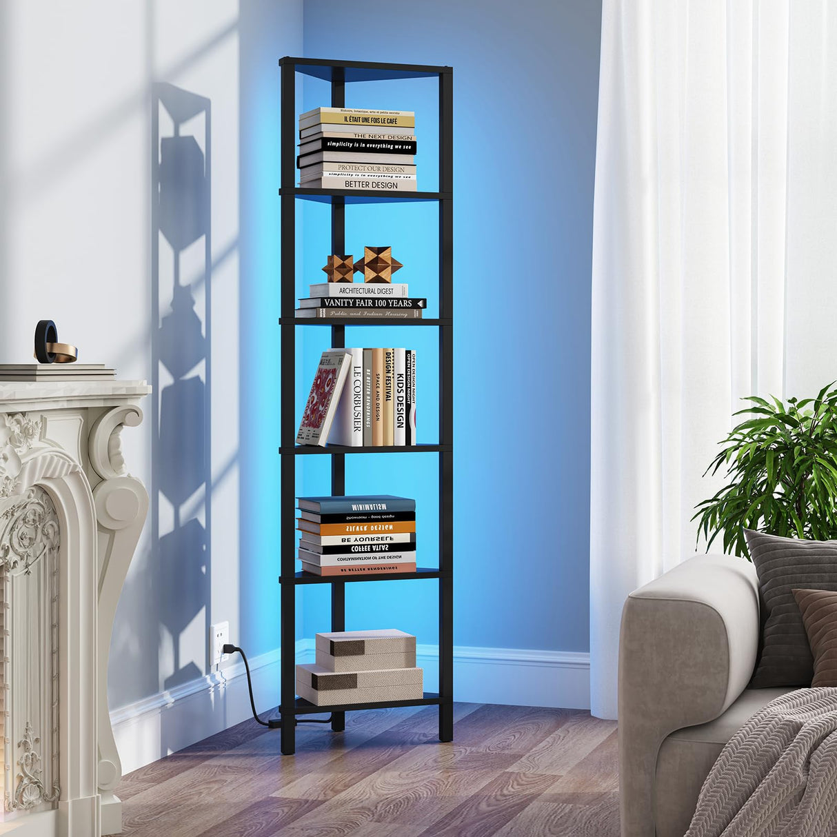 TUTOTAK Corner Shelf with LED Light, 6-Tier Corner Bookshelf for Small Space, Narrow Display Corner Shelf Stand with Storage Rack, for Living Room, Bedroom, Black BS05BK006L TUTOTAK