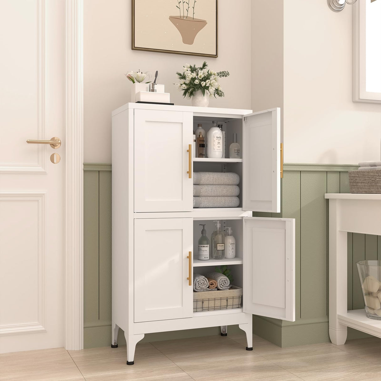 IRONFFICE Bathroom Storage Cabinet,Metal Freestanding Bathroom Cabinet with Adjustable Shelves,Laundry Room Cabinets with 4 Doors,White IRONFFICE