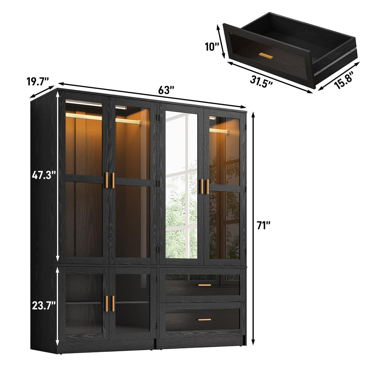 4 Doors Armoire Wardrobe Closet with LED and Mirror,71" H Freestanding Wooden Wardrobe Closet Cabinet for Bedroom w 2 Drawers,Wooden Clothing Storage Cabinet w Hanging Rod,Closets for Bedroom(Black) chartustriable