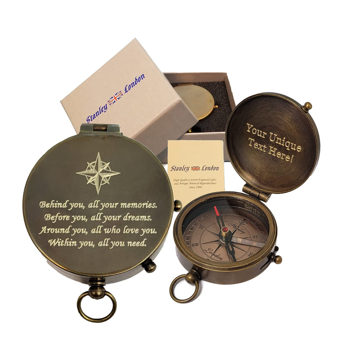 Engraved Compass Personalized | Brass Pocket Compass Gifts for Men, Him, Son, Husband, Grandson, Boys | Engravable Antique Gift Compasses for Graduation, Baptism, Confirmation (Behind You) Stanley London