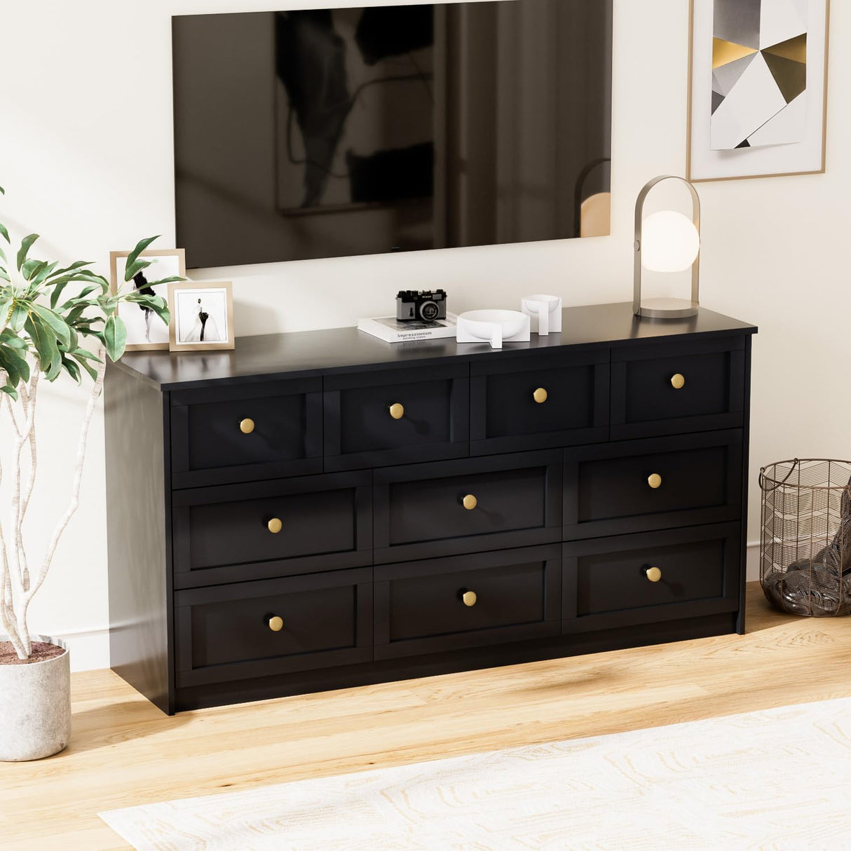 ROMMAK 10 Drawer Double Dresser for Bedroom, 59.1" Wide Dressers & Chests of Drawers with Large Capacity Storage,Black Dresser for Bedroom, Hallway,Black ROMMAK