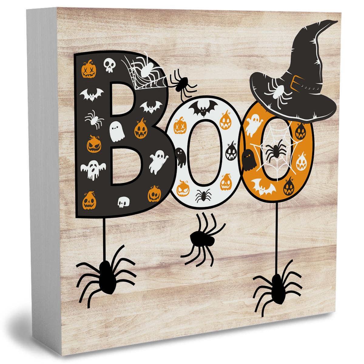 Rustic Boo Witch Spider Halloween Wooden Box Sign Cute Fall Sign Decor Farmhouse Decorative Wood Box Sign Block Plaque for Wall Desk Home Bathroom Decoration 5 x 5 Inches WRSUNT