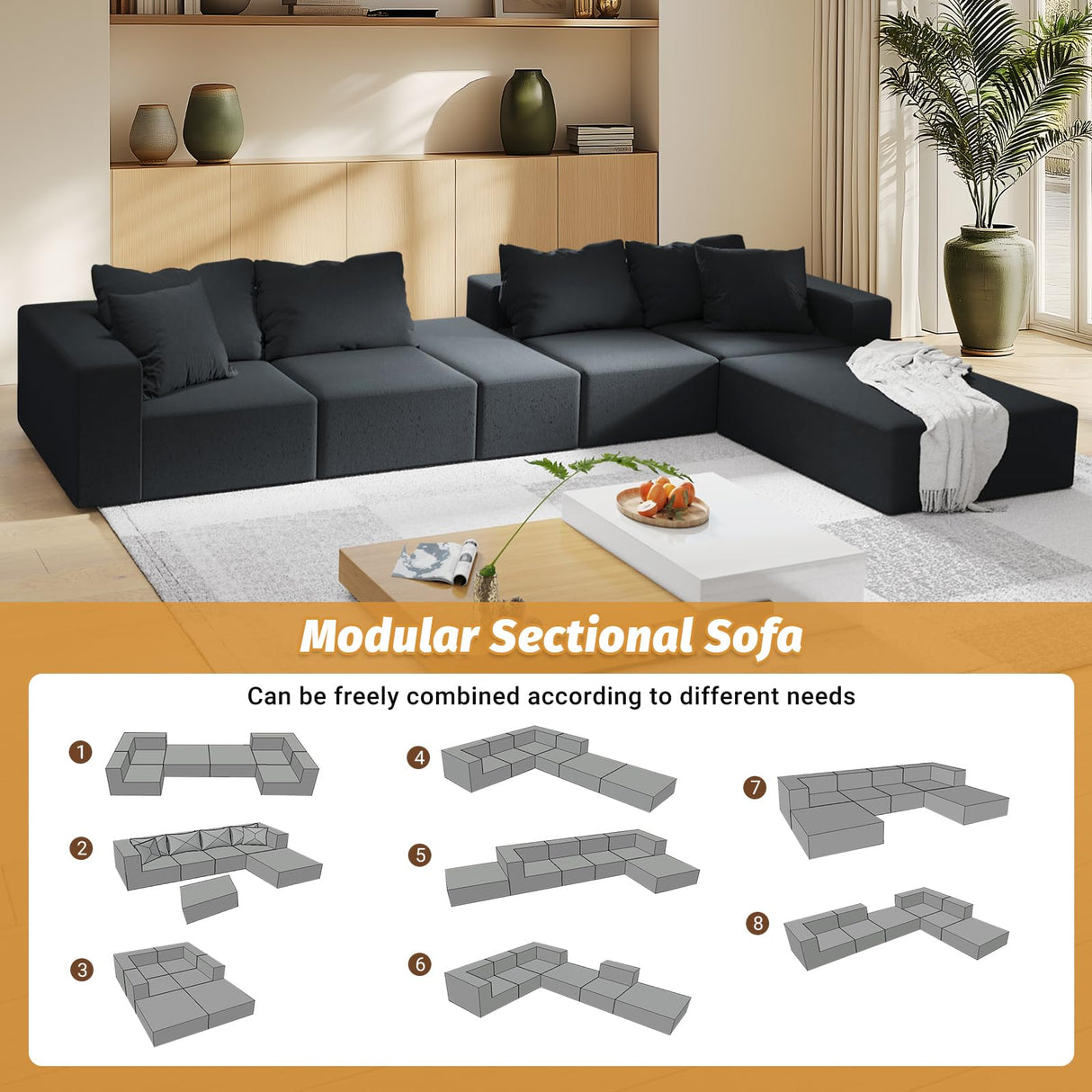 MJQFVM 132'' Oversized Cloud Couch, Upholstered Modular Sectional Sofa with 6 Pillows, Deep Seat Chenille Couches for Living Room, Free Combination, No Assembly Required (Black) MJQFVM