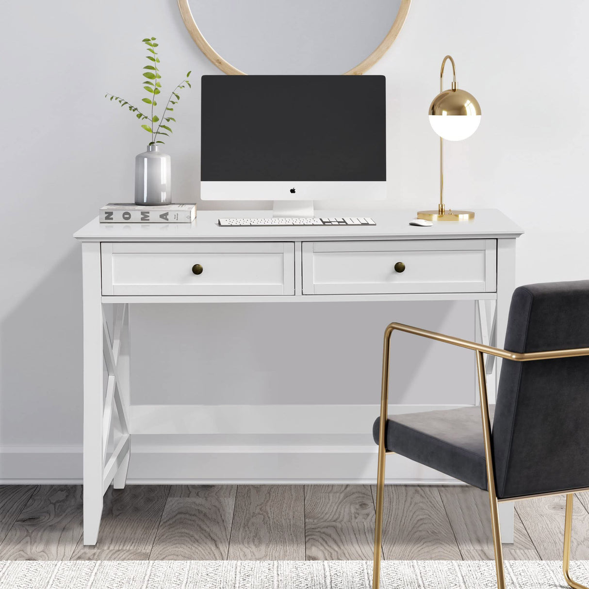 White Computer Desk with 2 Drawers, Modern Makeup Vanity Desk with Storage, Writing Desk for Home Office, 42'' Long Study Simple White Desk for Bedroom Console Table Living Room Lewahom