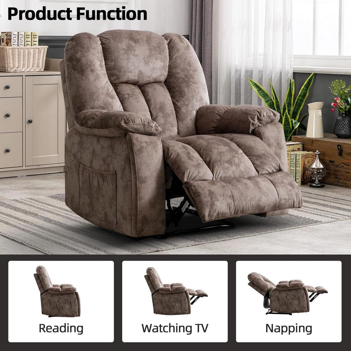 CANMOV Manual Reclining Chair-Overstuffed Recliner Chair with Cup Holder Side Pocket Footrest Fabric Recliners for Living Room Bedroom Apricot CANMOV