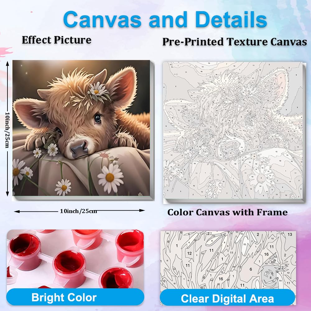 Artunion Framed Paint by Numbers Kit for Adults Beginners & Kids Ages 8-12,Highland Cow Paint by Number with Frame,Funny Animals Paint by Numbers Kit on Canvas 10 * 10 Inch Without Easel Artunion