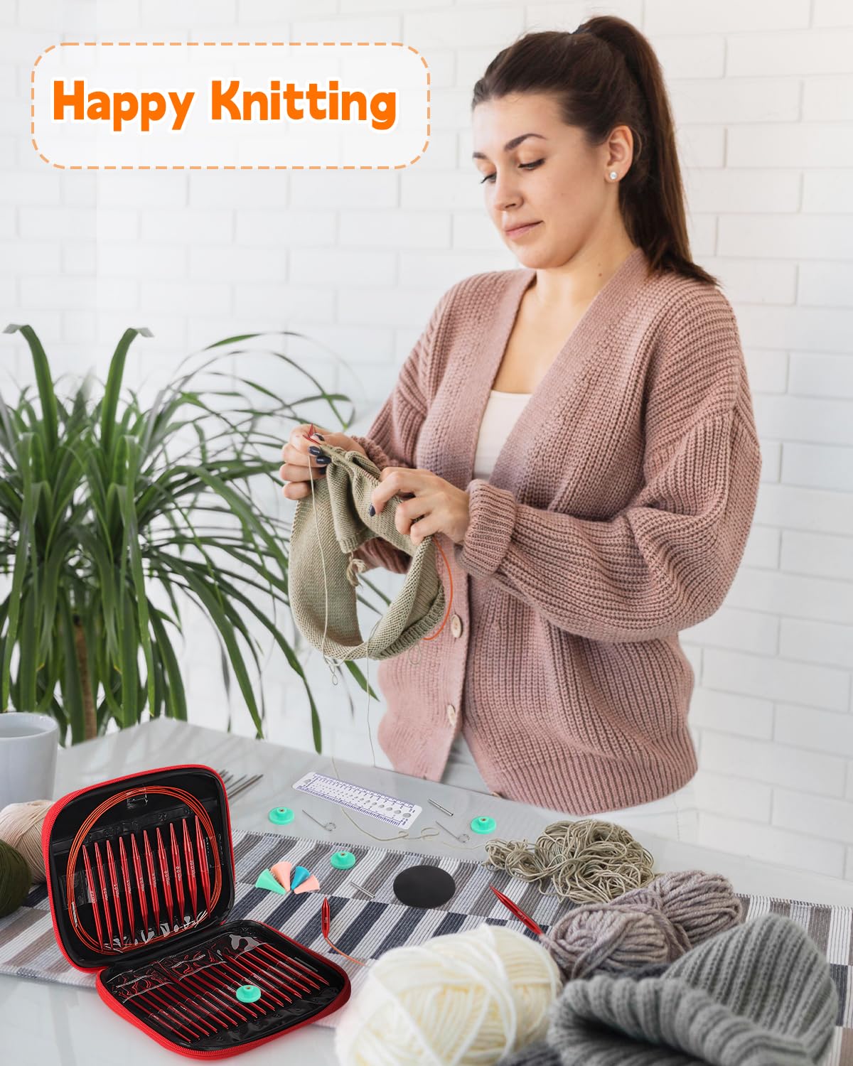 Interchangeable Knitting Needle Set with Circular Cable for Crafters, 13 Circular Knitting Needles with 4 Cable, 3-10 mm Aluminum Knitting Needles for Beginner, DIY Crafts, Red Needle Set Aeelike