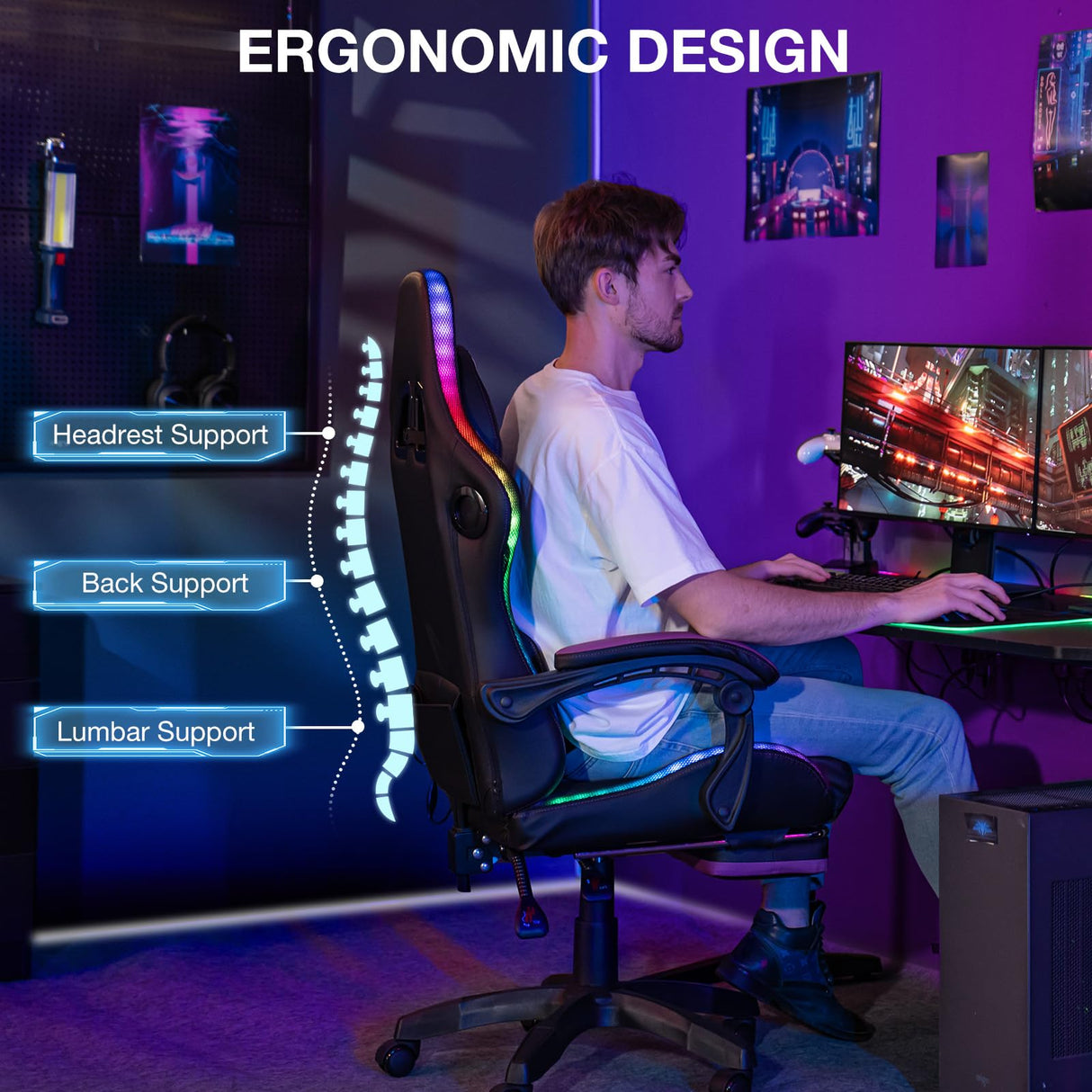 HOFFREE LED Gaming Chair Massage with Speakers Game Chair Big and Tall with Footrest Gamer Chair for 400lbs Computer Desk Chair for Adults Purple and Black HOFFREE