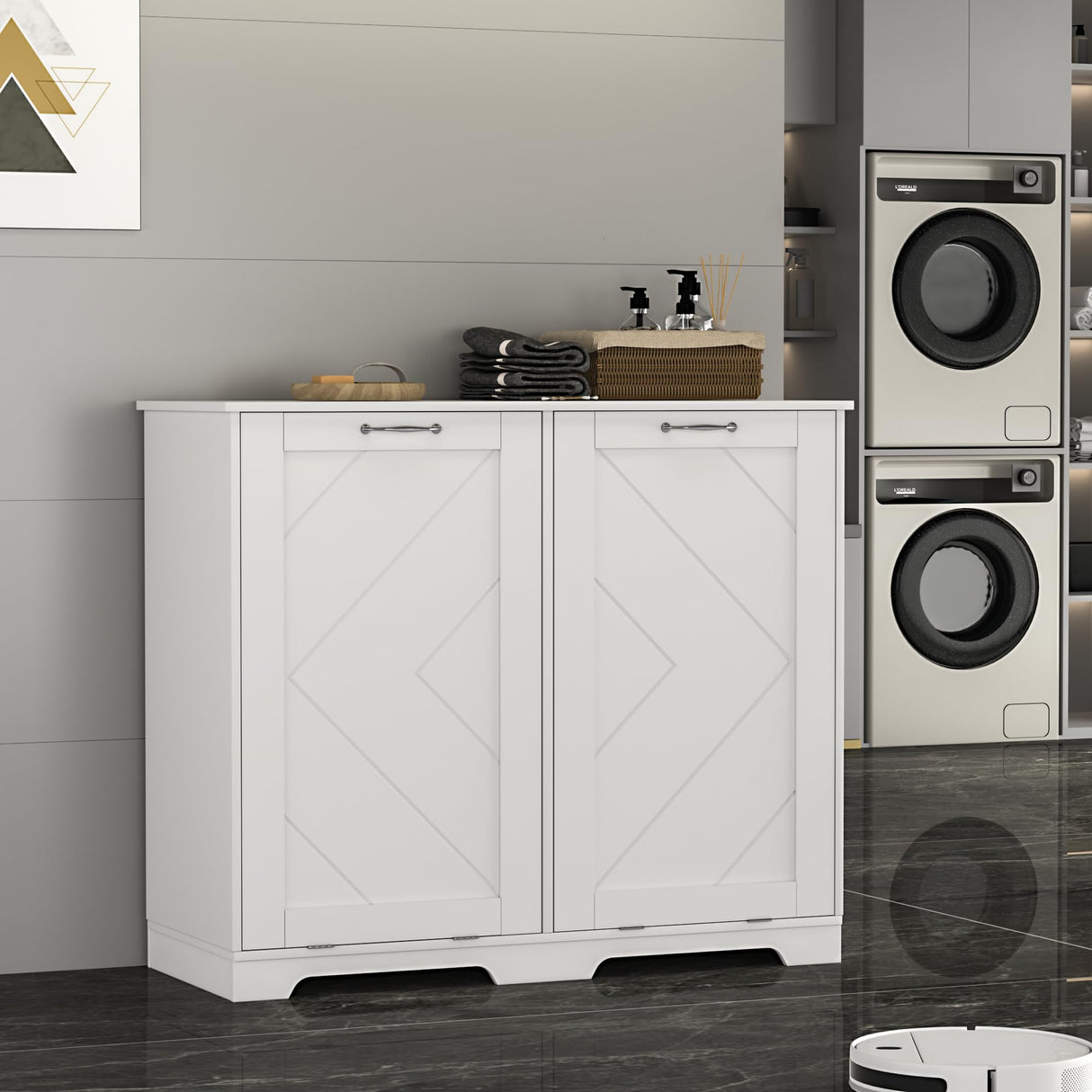 VECELO Double Tilt Out Kitchen Trash Bin Cabinet Dog Proof Garbage Can with Wood Holder Free Standing Recycling, White VECELO