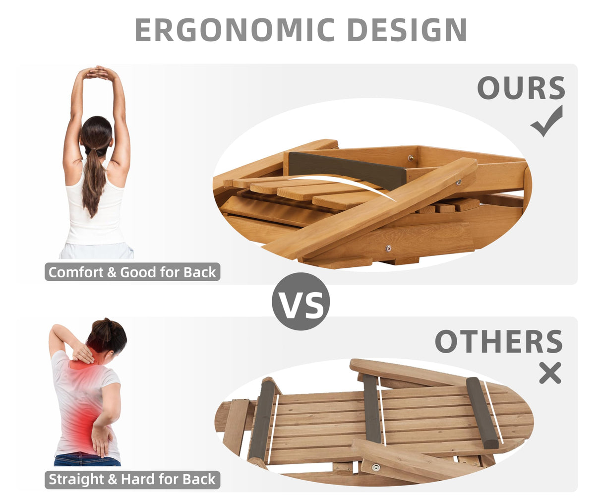 Oversized Outdoor Wooden Folding Adirondack Chair with Retractable Ottoman, Pre-Assembled BackRest & SeatBoard, Wood Patio Chair for Garden Backyard Porch Pool Deck Firepit SoliWood