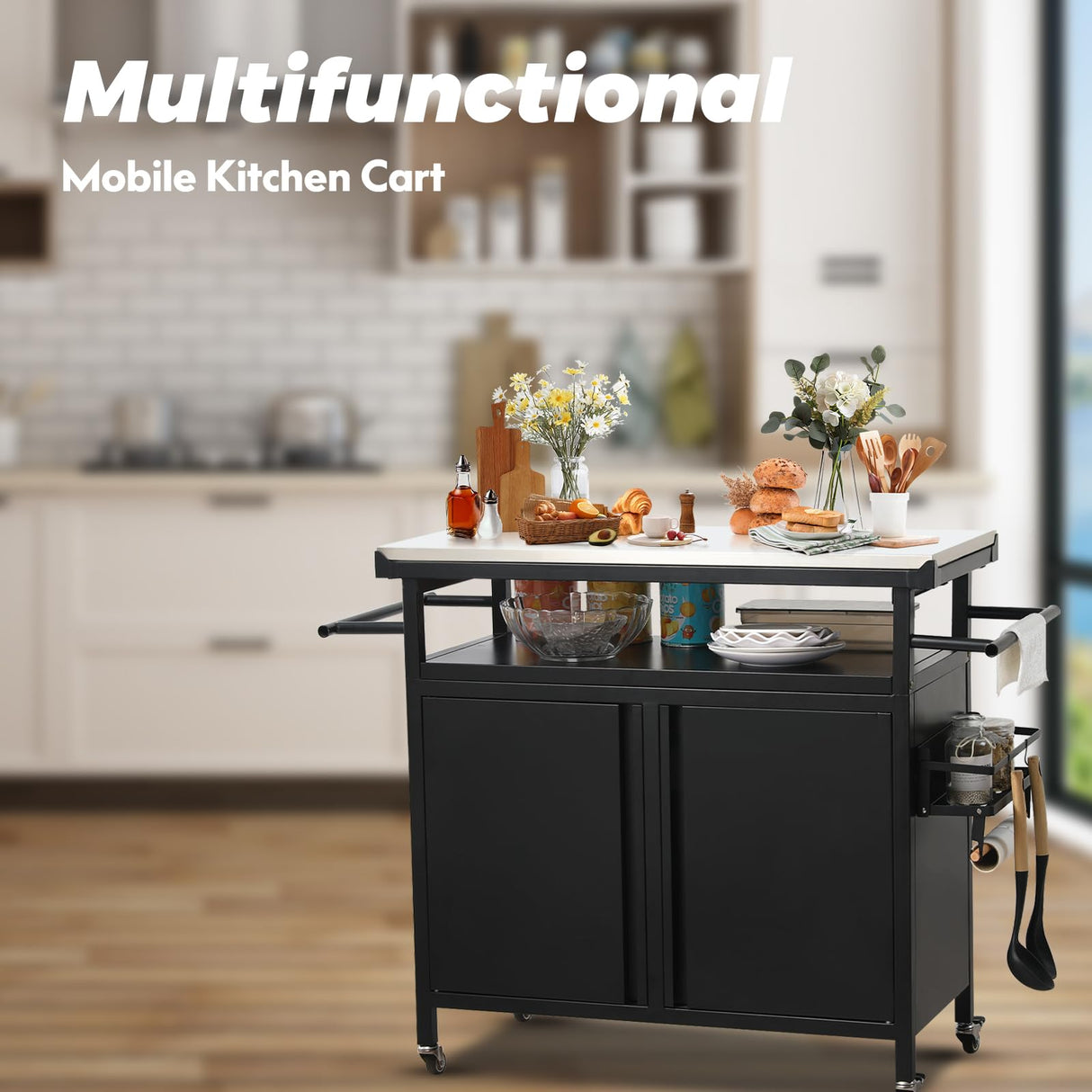 XL Rolling Bar Grill Cart Outdoor Patio Furniture, Outdoor Grill Table with Stainless Steel Top for Kitchen Prep and Outdoor Storage Cabinet for Grilling Accessories, Black Nessxa