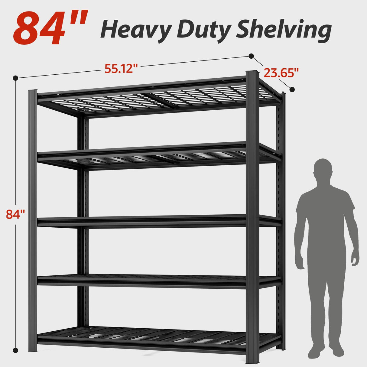SYLOUGH 55.12" W Father&I 5-Shelf Industrial Adjustable Heavy-Dudy Tall Metal Garage Storage Shelves Shelving Units/Steel Wire Rack System (Commercial) for Basement/Shop, 84" H*55.12" W*24" D*, Black SYLOUGH