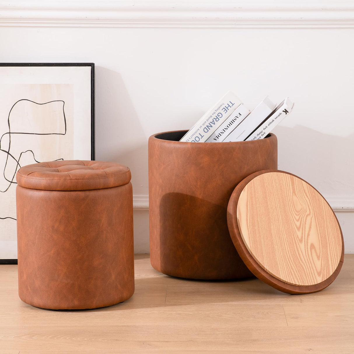 Round Ottoman with Storage Set of 2, Faux Leather Button Tufted Storage Ottoman, 14.76"L x 14.76"W x 17.32"H, Boucle Vanity Stool Footrest Coffee Table for Living Room, Bedroom, Support 300 lbs, Brown oakvivo