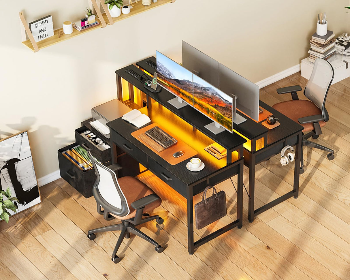 AODK 48-Inch Computer Desk with Power Outlets and LED Lights, Gaming Desk with 4 Fabric Drawers, Reversible Office Desk with Monitor Stand, Writing/Study Table for Home, Black AODK